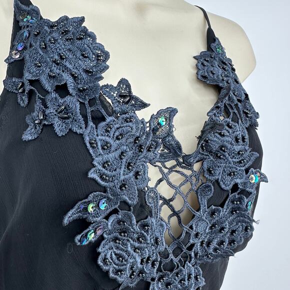 Vintage Y2K Black Cami Asymmetrical Slip Dress S Beaded Fairy Goth Whimsigoth - Picture 7 of 13